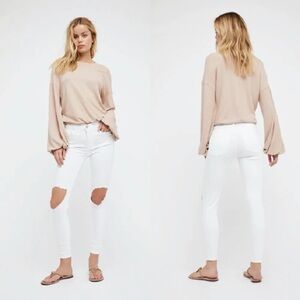 Free People High Rise Busted White Distressed Skinny Jeans